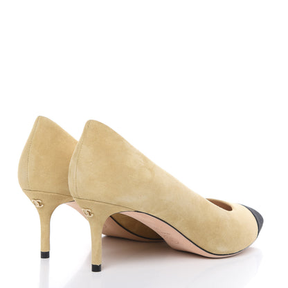 Chanel Kid Suede Grosgrain Cap Toe Pumps 38 Beige Black 4 of 11