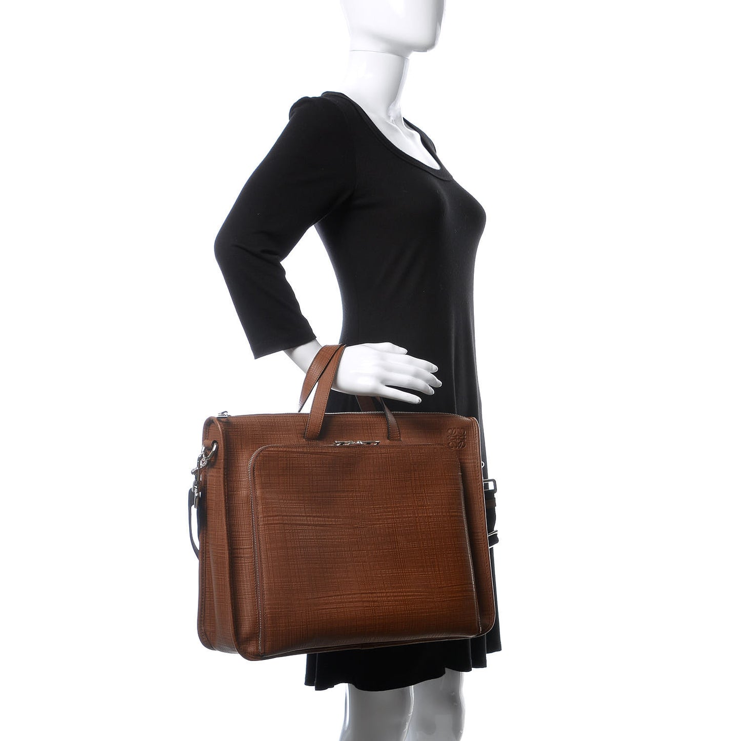Textured Calfskin Wide Briefcase Tan
