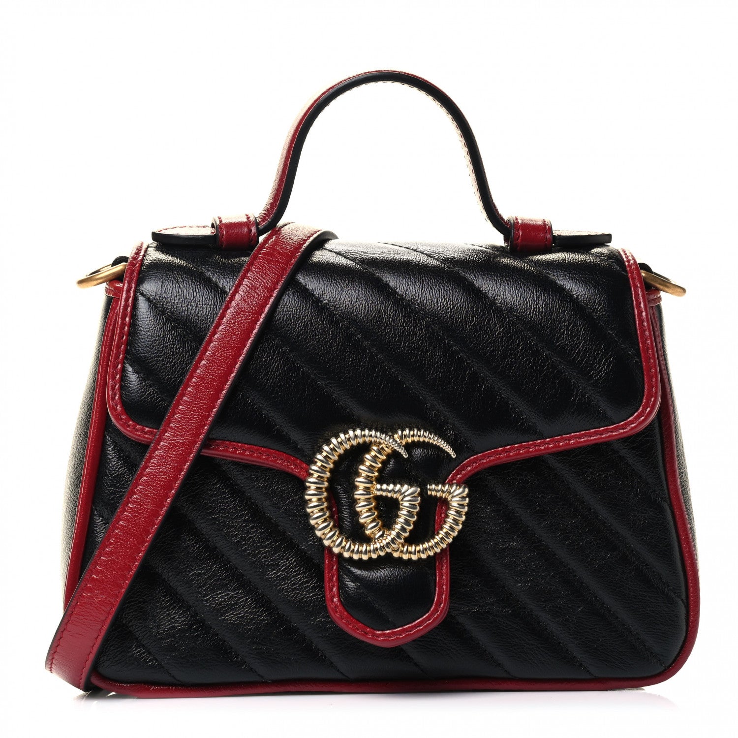 Gucci Vintage Effect Calfskin Matelasse Diagonal Mini Torchon GG Marmont Top Handle Shoulder Bag Black Romantic Cherry 1 of 4