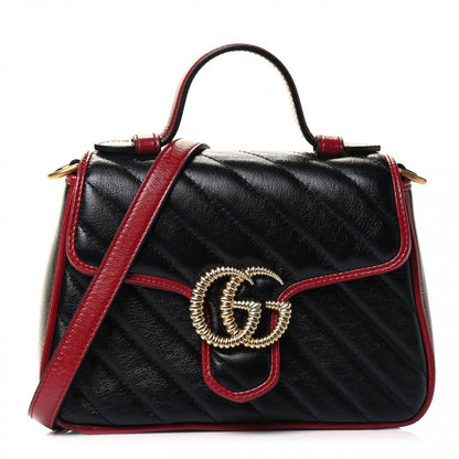 Gucci Vintage Effect Calfskin Matelasse Diagonal Mini Torchon GG Marmont Top Handle Shoulder Bag Black Romantic Cherry 1 of 4