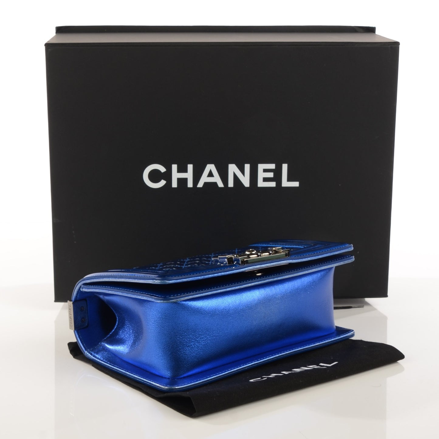 Metallic Patent Calfskin Quilted Small Boy Flap Blue