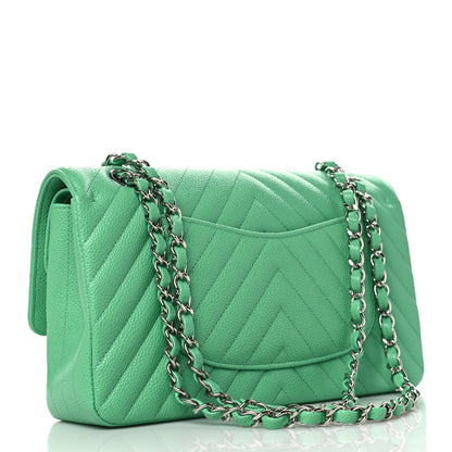 Chanel Caviar Chevron Quilted Medium Double Flap Green 2 of 9