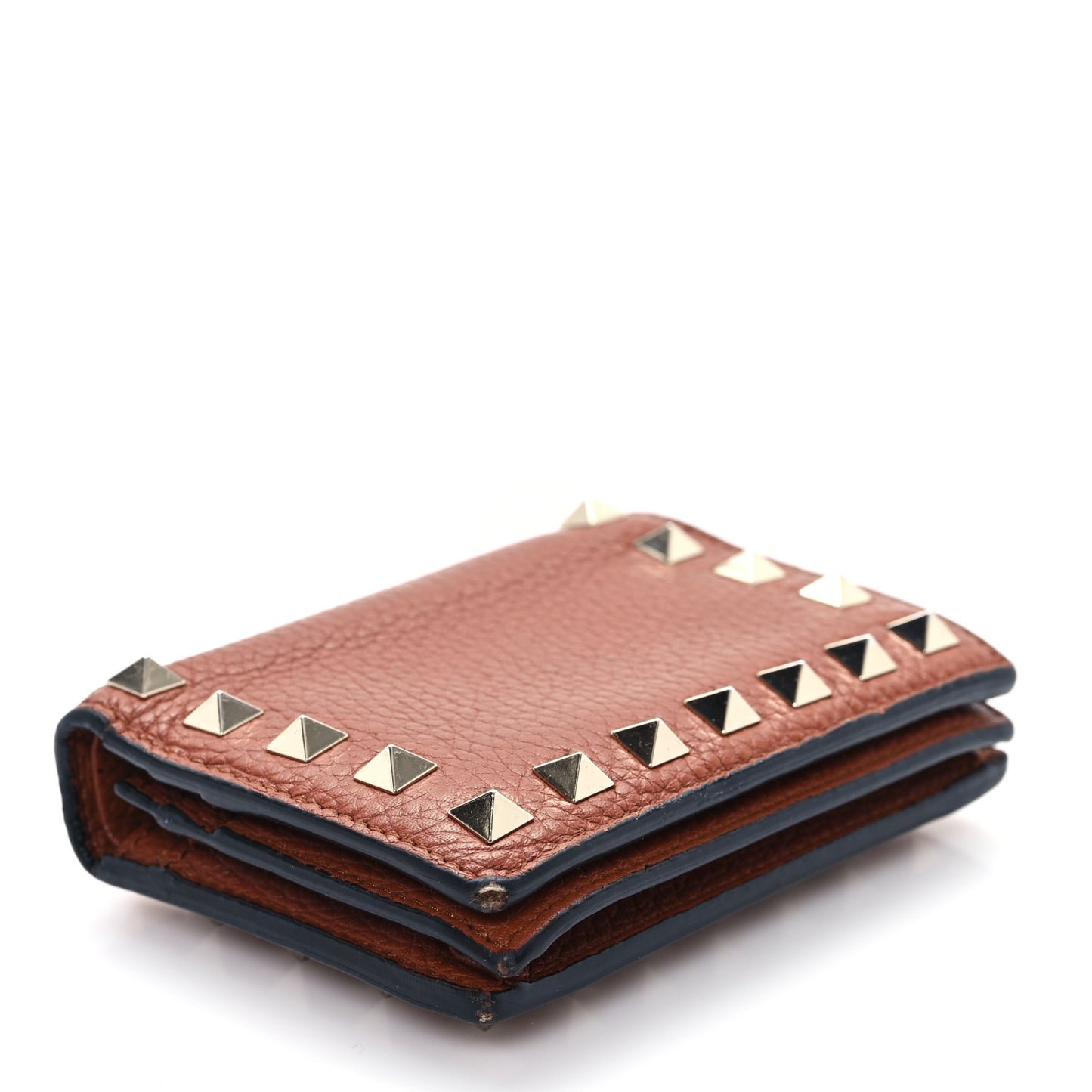 Calfskin Rockstud Bi-Fold Card Holder Brown