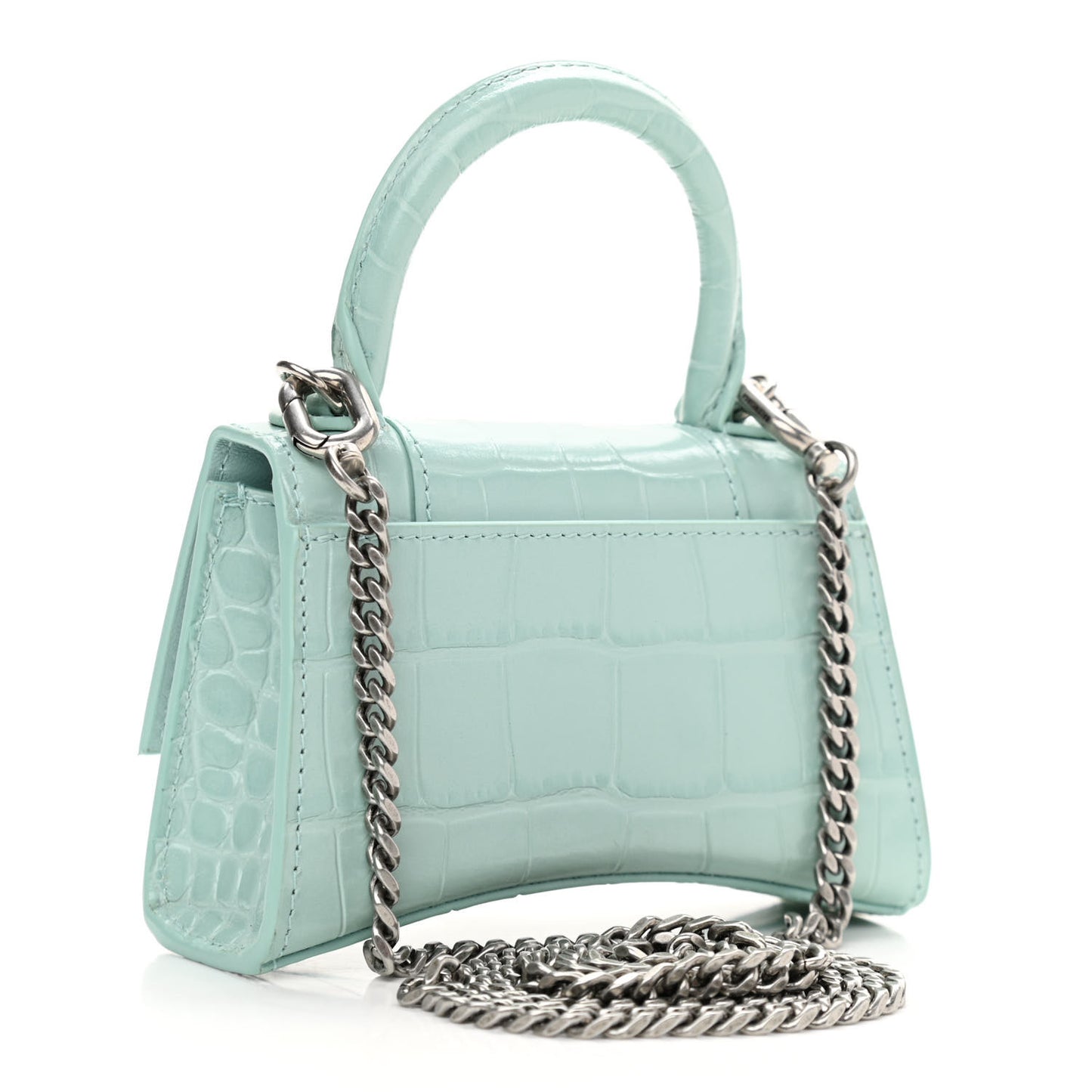 Shiny Calfskin Crocodile Embossed Hourglass Top Handle Bag Mini with Chain Green Acqua