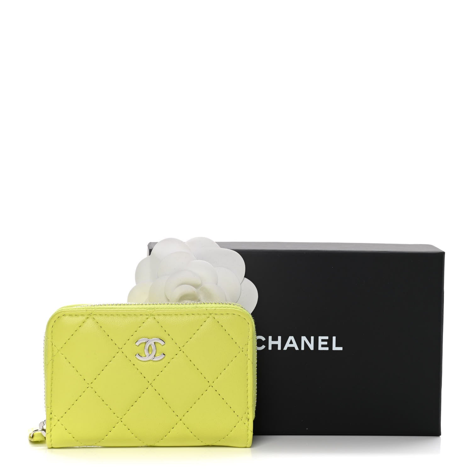Chanel Lambskin Quilted Zip Coin Purse Wallet Neon Yellow 11 of 11
