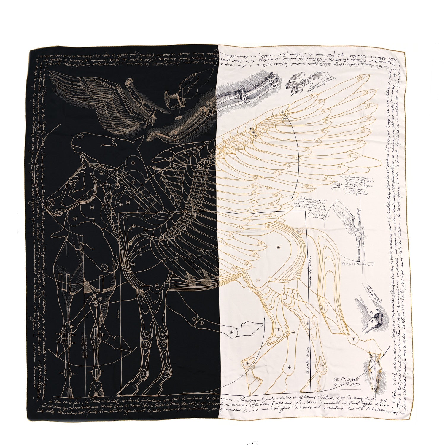 Hermes Silk Le Pegase d'Hermes Cut Wash 140 Scarf Black White Or 1 of 3