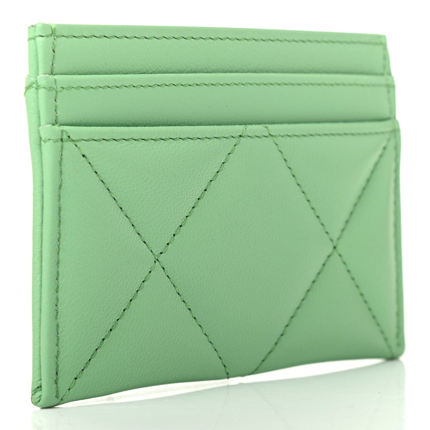 Shiny Goatskin Quilted Chanel 19 Card Holder Green