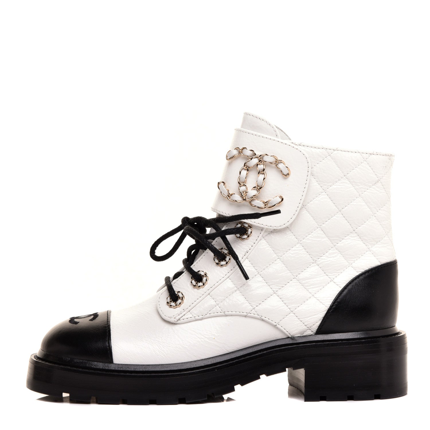 Chanel Shiny Goatskin Calfskin Quilted Lace Up Combat Boots 37 Black White 1 of 9