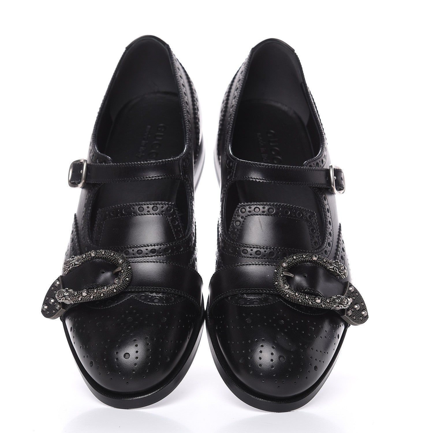 Gucci Calfskin Bee Embroidered Mens Queercore Brogue Wingtip Monk Strap Loafers 10.5 Black 6 of 14