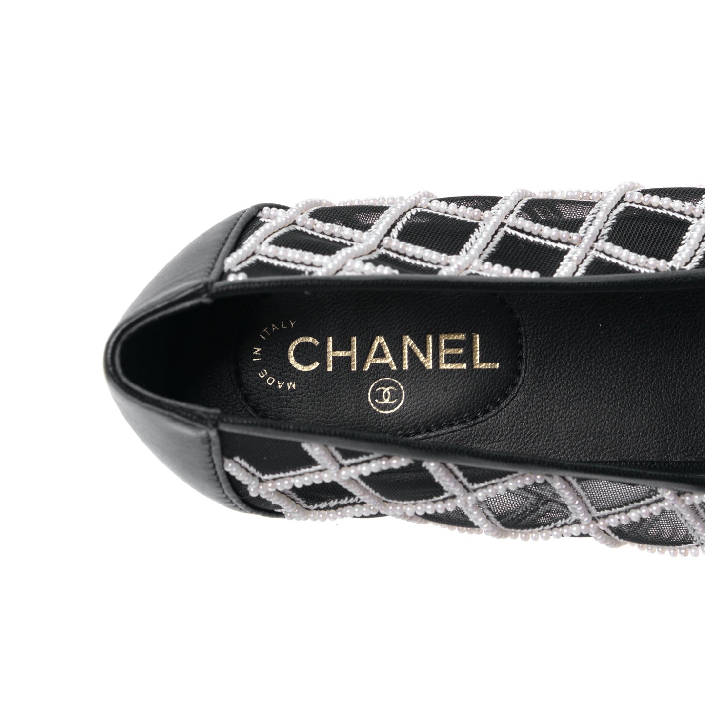 Mesh Pearl Grosgrain Cap Toe CC Loafers 36.5 Black Ivory