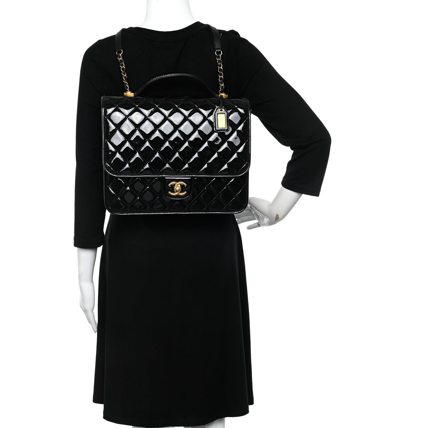 Patent Quilted Large School Memory Top Handle Flap Black