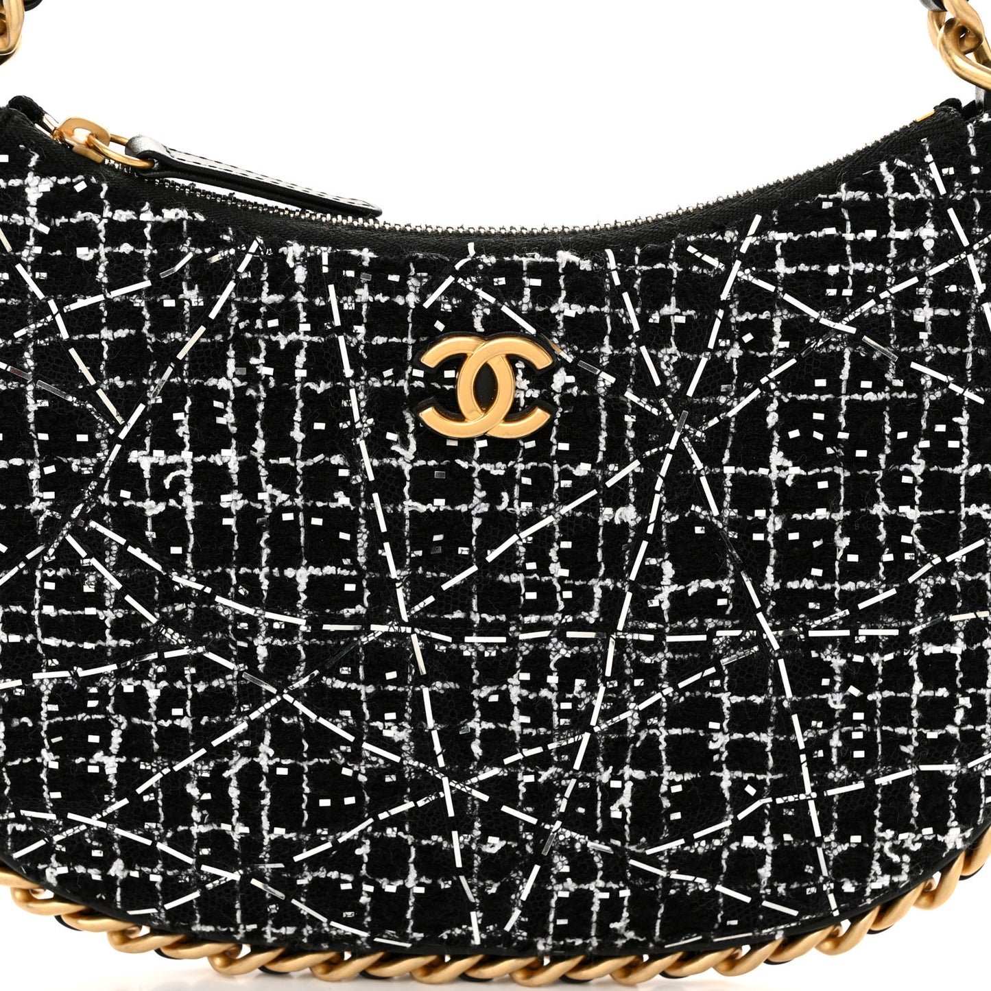 Tweed Sequin Quilted Trendy Chain Around Hobo Black White