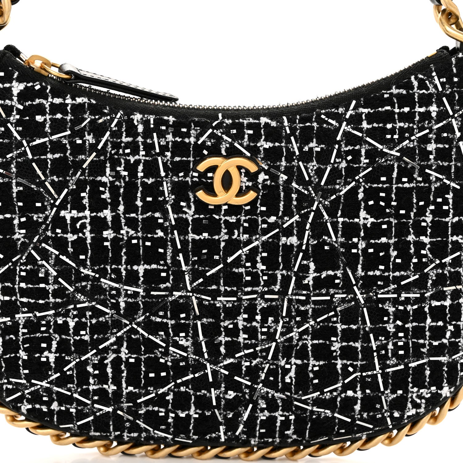 Chanel Tweed Sequin Quilted Trendy Chain Around Hobo Black White 8 of 11