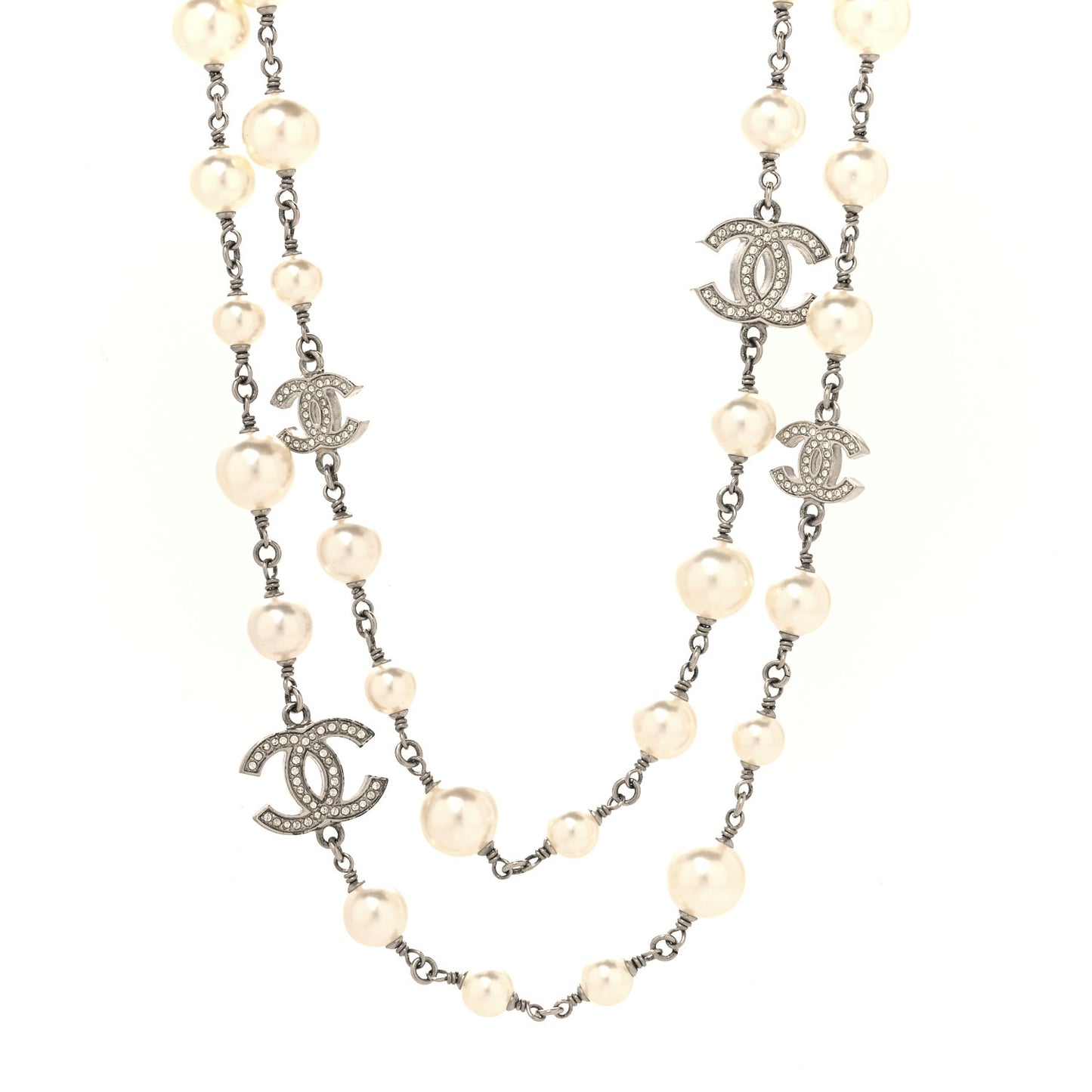 Crystal Pearl CC Long Necklace Silver
