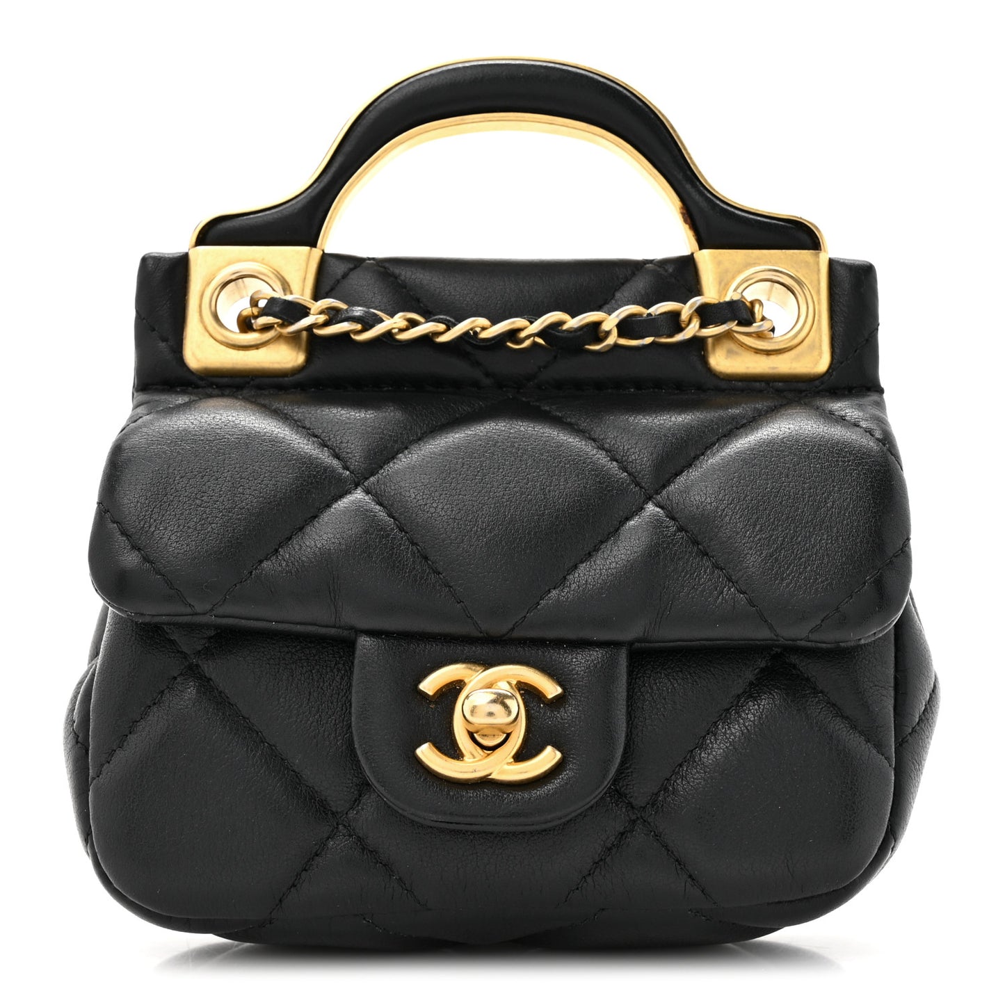 Calfskin Quilted Lady Handle Flap Card Holder With Chain Black