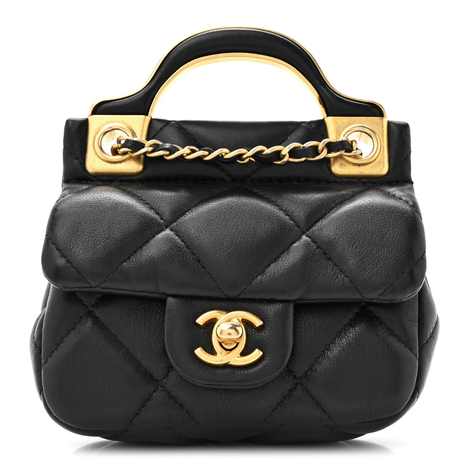 Chanel Calfskin Quilted Lady Handle Flap Card Holder With Chain Black 1 of 12