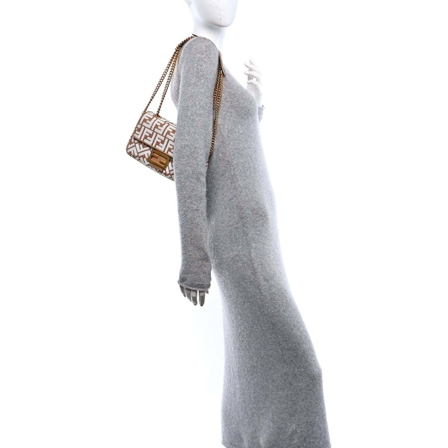 Raffia Chenille Vitello FF Midi Chain Baguette Naturale White