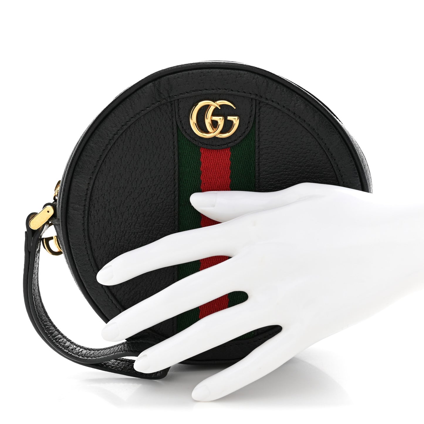 Textured Calfskin Web Ophidia Round Wrist Wallet  Black