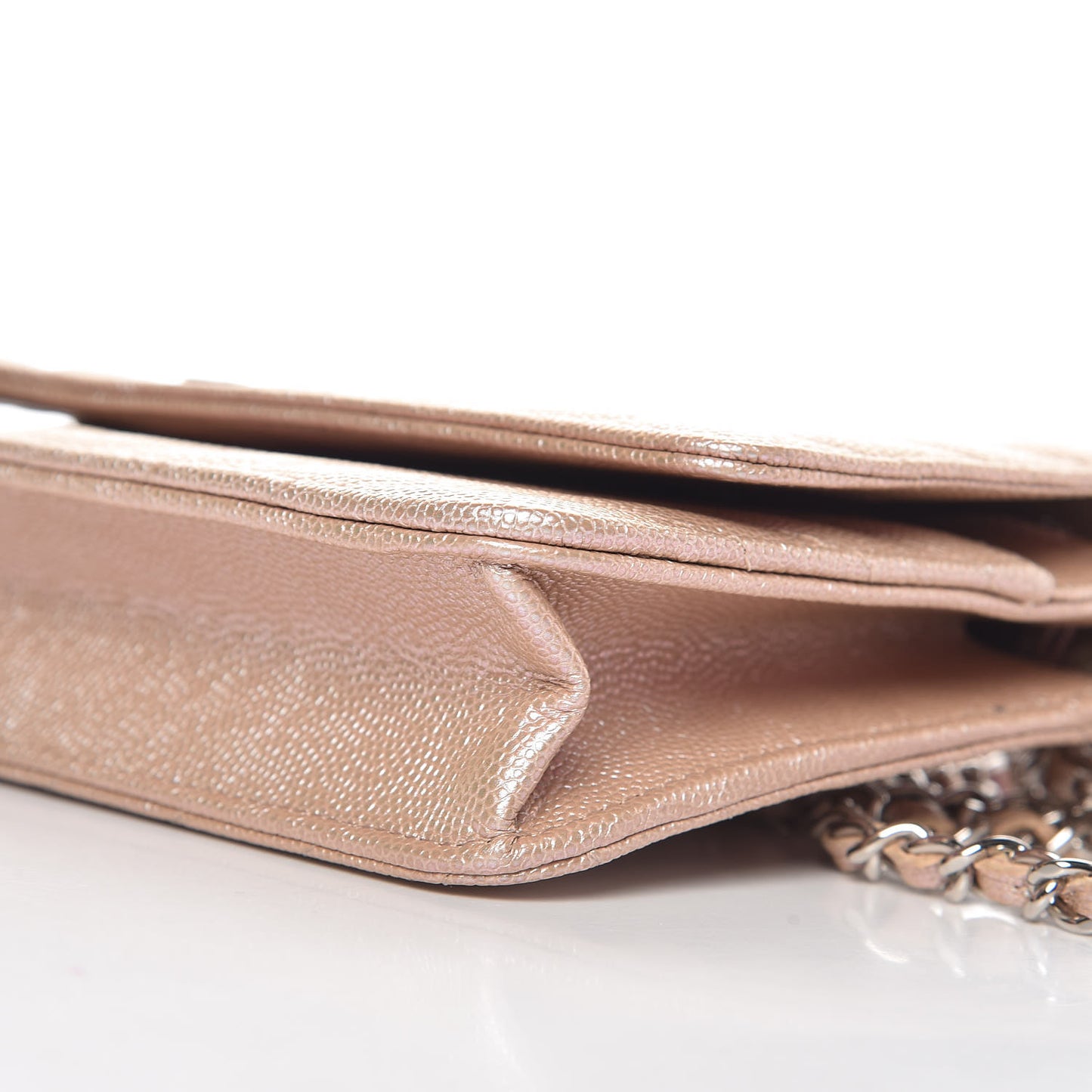 Metallic Caviar Chevron Quilted Wallet On Chain WOC Light Gold