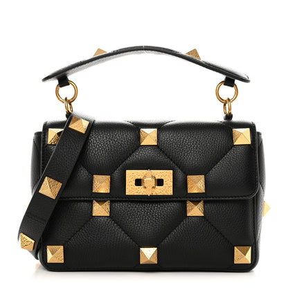 Valentino Garavani Grained Calfskin Medium Roman Stud Shoulder Bag Black 1 of 12