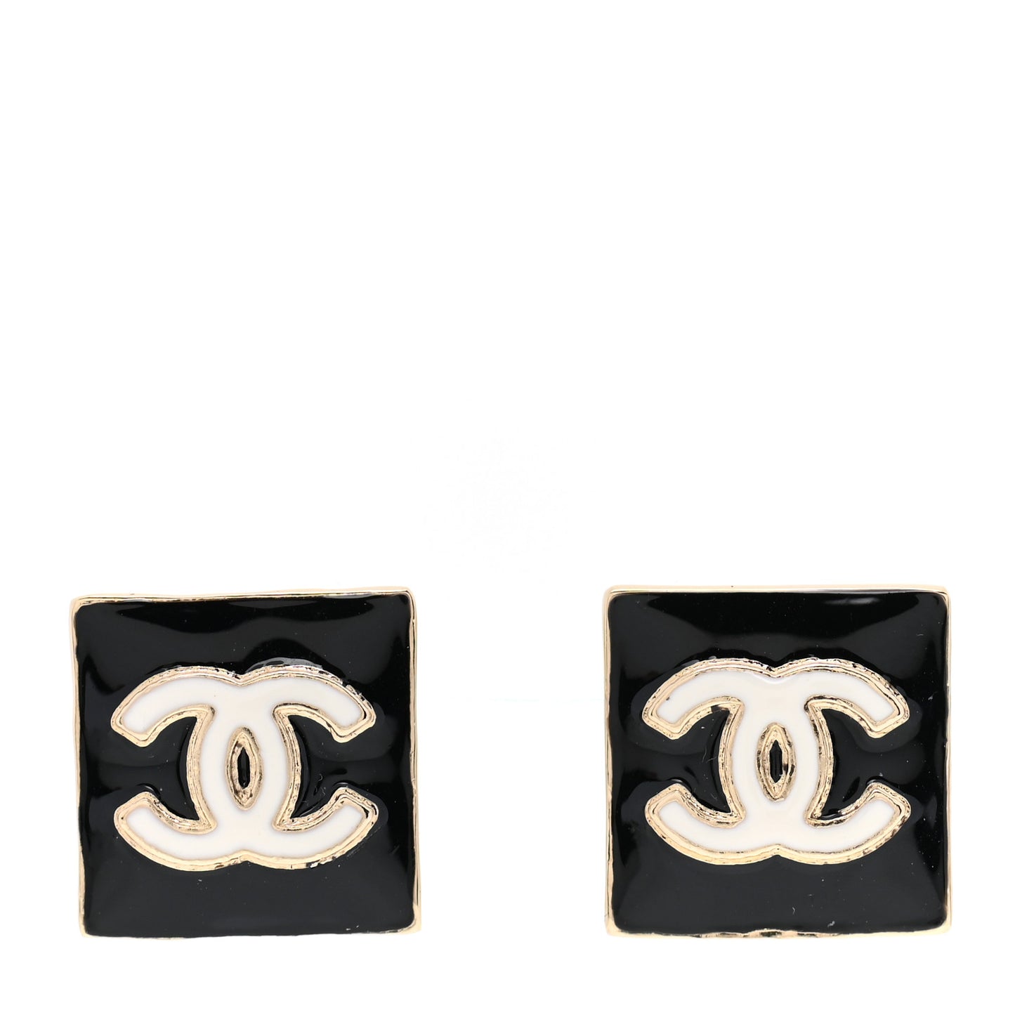 Metal Enamel CC Square Earrings Gold Black