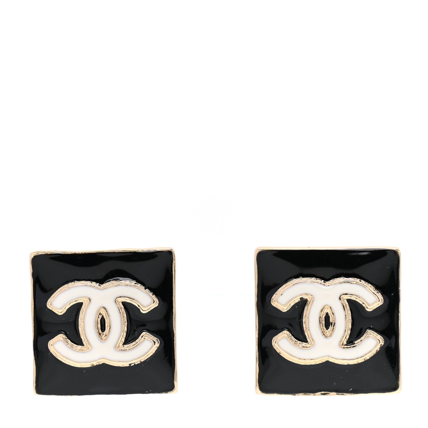 Chanel Metal Enamel CC Square Earrings Gold Black 1 of 5