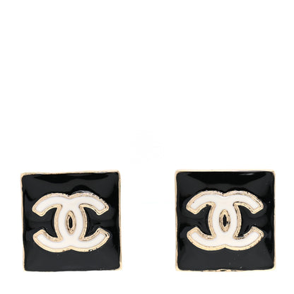 Chanel Metal Enamel CC Square Earrings Gold Black 1 of 5