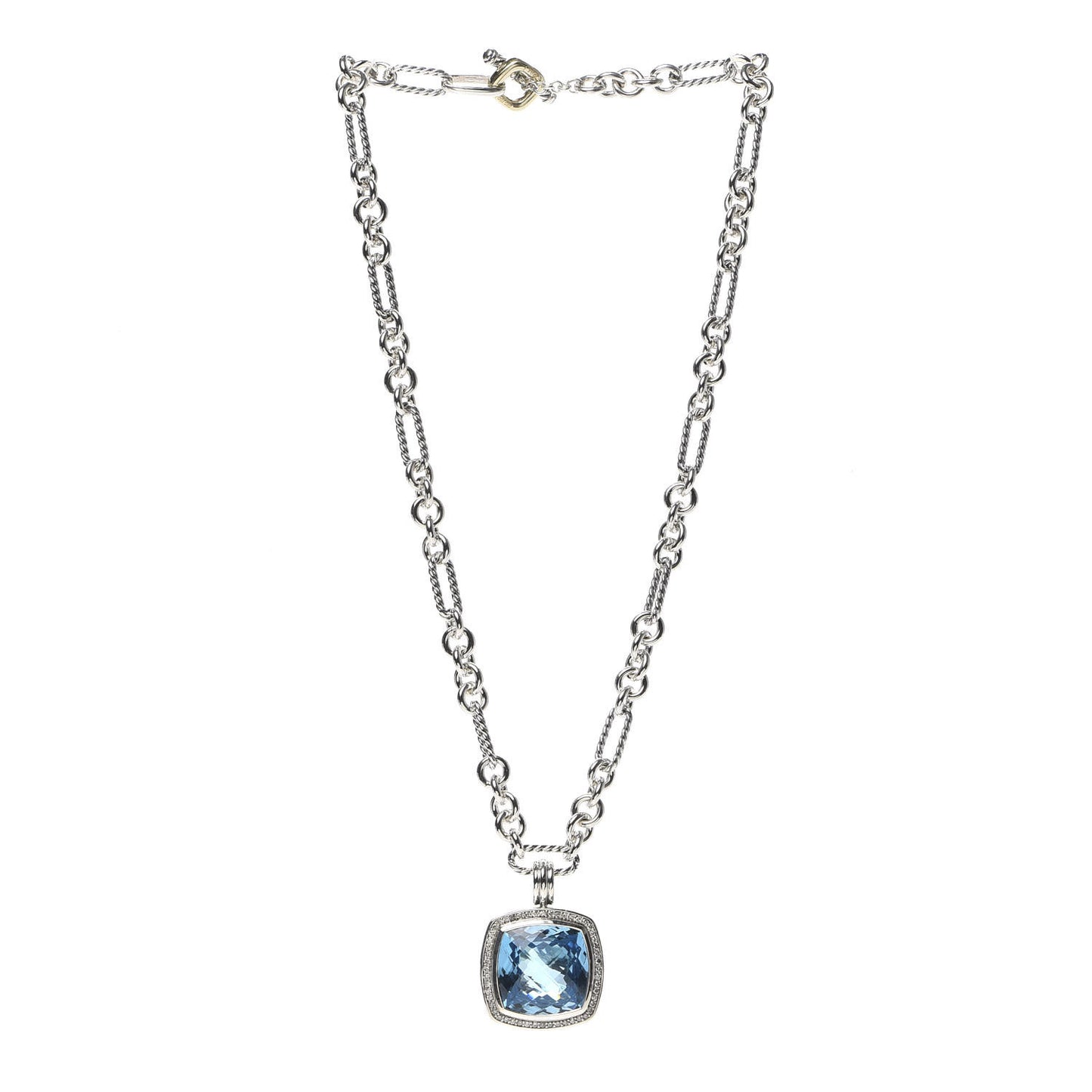 Sterling Silver 18K Yellow Gold Diamond Blue Topaz 20mm Albion Figaro Chain Pendant Necklace