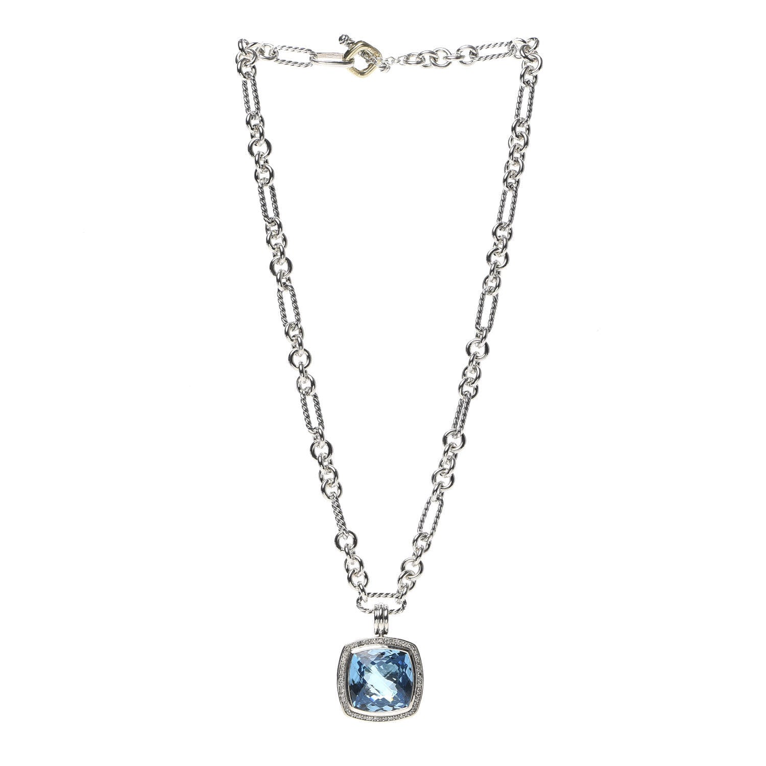 David Yurman Sterling Silver 18K Yellow Gold Diamond Blue Topaz 20mm Albion Figaro Chain Pendant Necklace 3 of 5