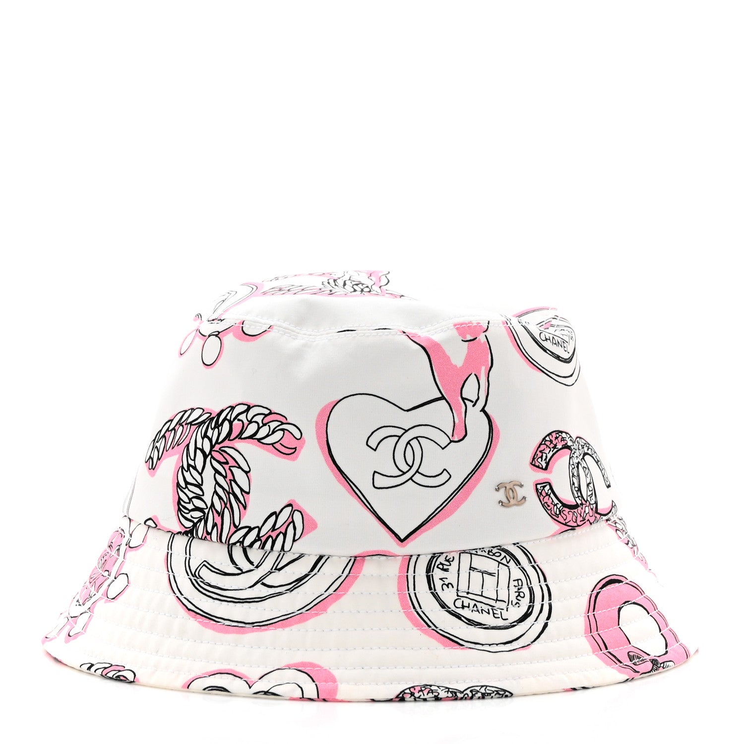 Chanel Cotton Heart Print Bucket Hat M White Rose 3 of 9