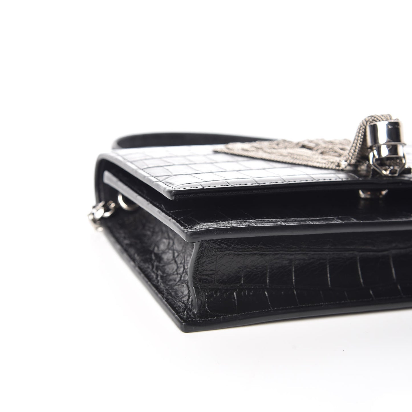 Calfskin Crocodile Embossed Kate Monogram Tassel Chain Wallet Black