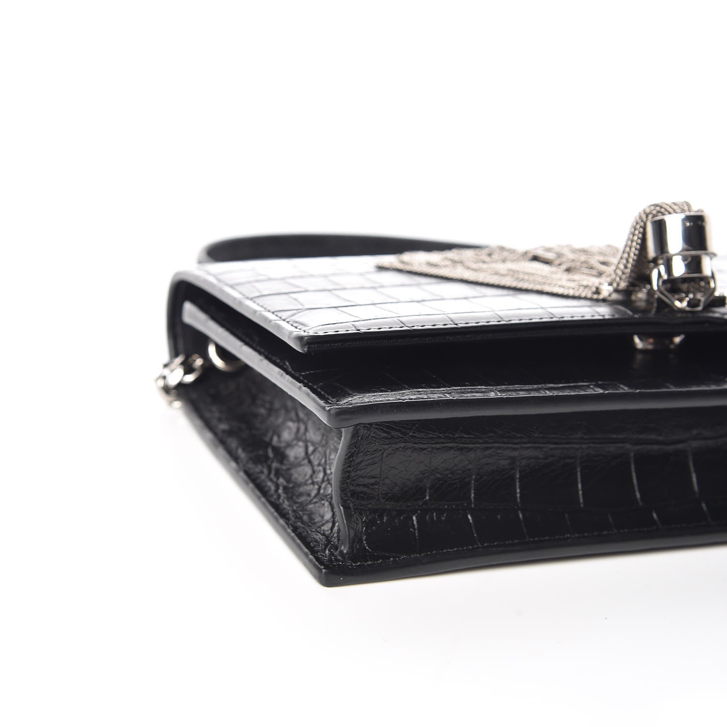 Saint Laurent Calfskin Crocodile Embossed Kate Monogram Tassel Chain Wallet Black 10 of 12