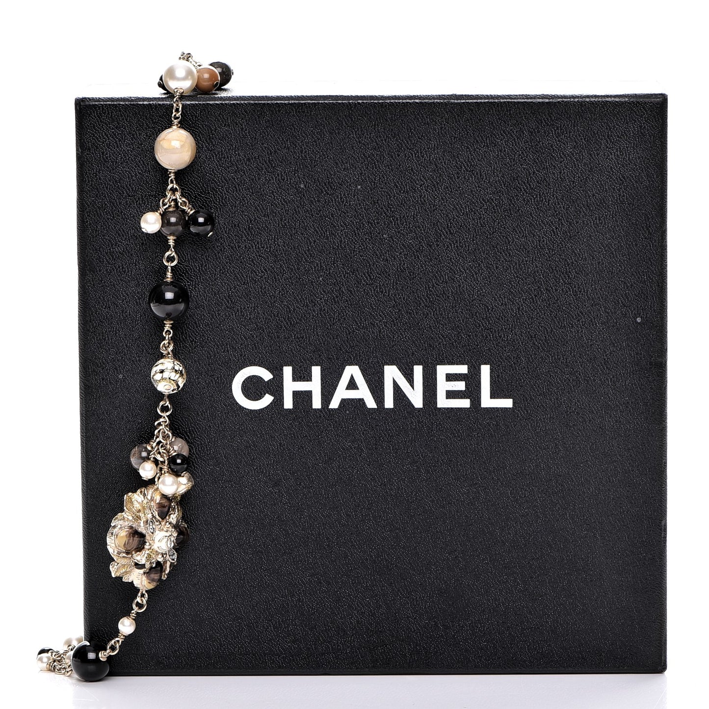 Pearl Bead Enamel CC Long Necklace Black Gold