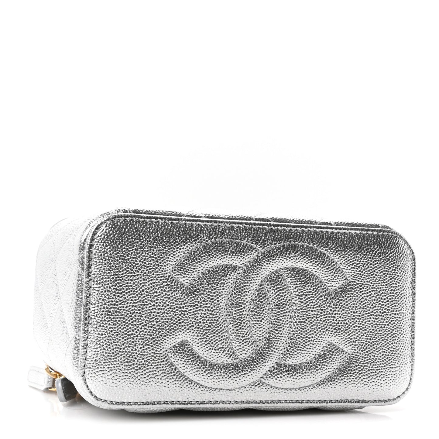 Metallic Caviar Quilted Top Handle Slim Vanity Case With Chain Silver