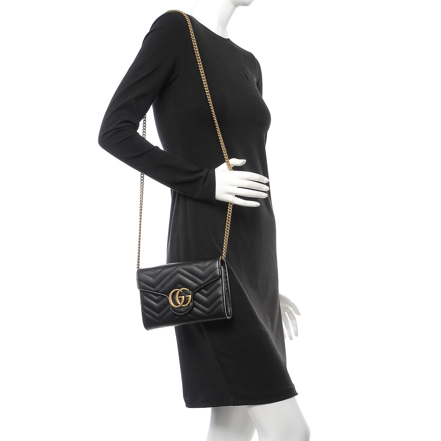 Gucci Calfskin Matelasse GG Marmont Chain Wallet Black 2 of 7