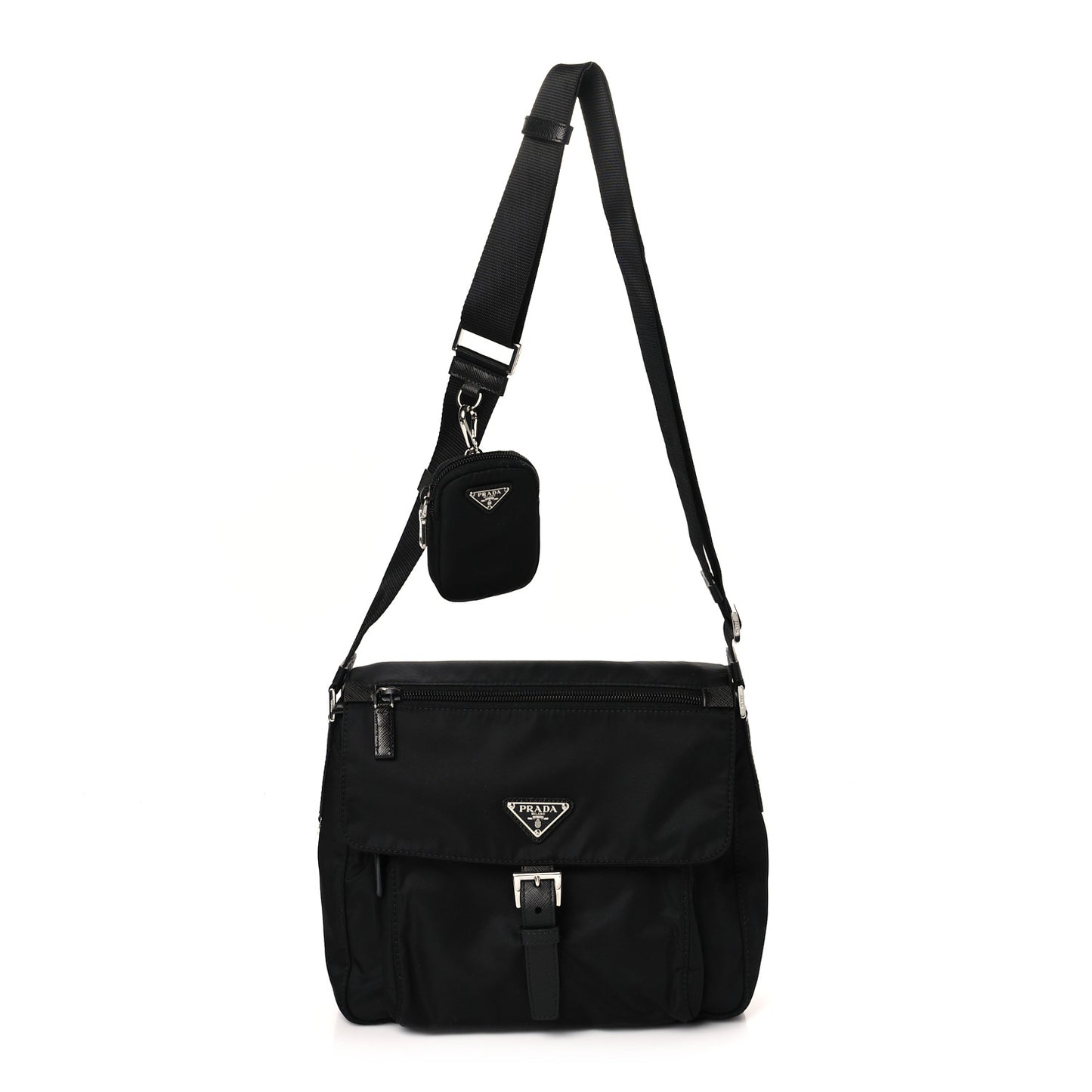 Re-Nylon Vela Saffiano Pocket Single Buckle Messenger Shoulder Bag Black