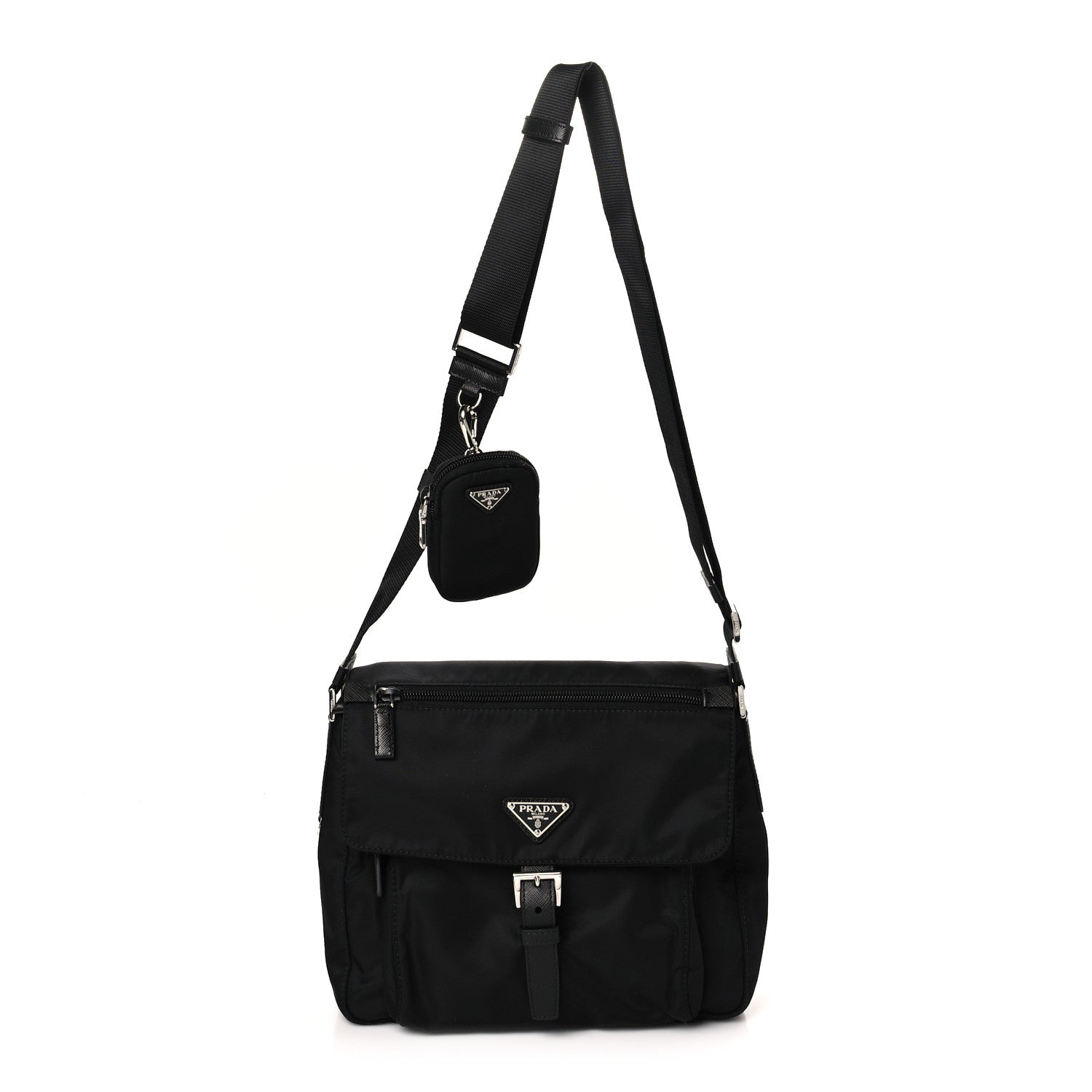 Prada Re-Nylon Vela Saffiano Pocket Single Buckle Messenger Shoulder Bag Black 1 of 8