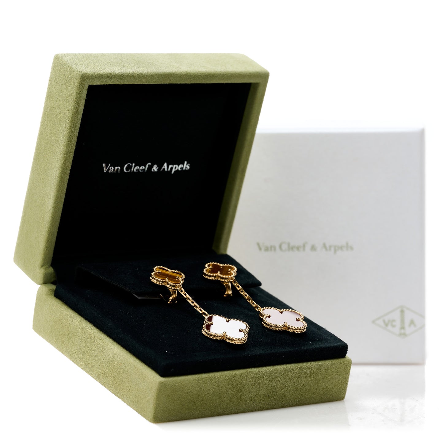 VAN CLEEF & ARPELS 18K Yellow Gold Tiger Eye Carnelian 2 Motifs Magic Alhambra Earrings