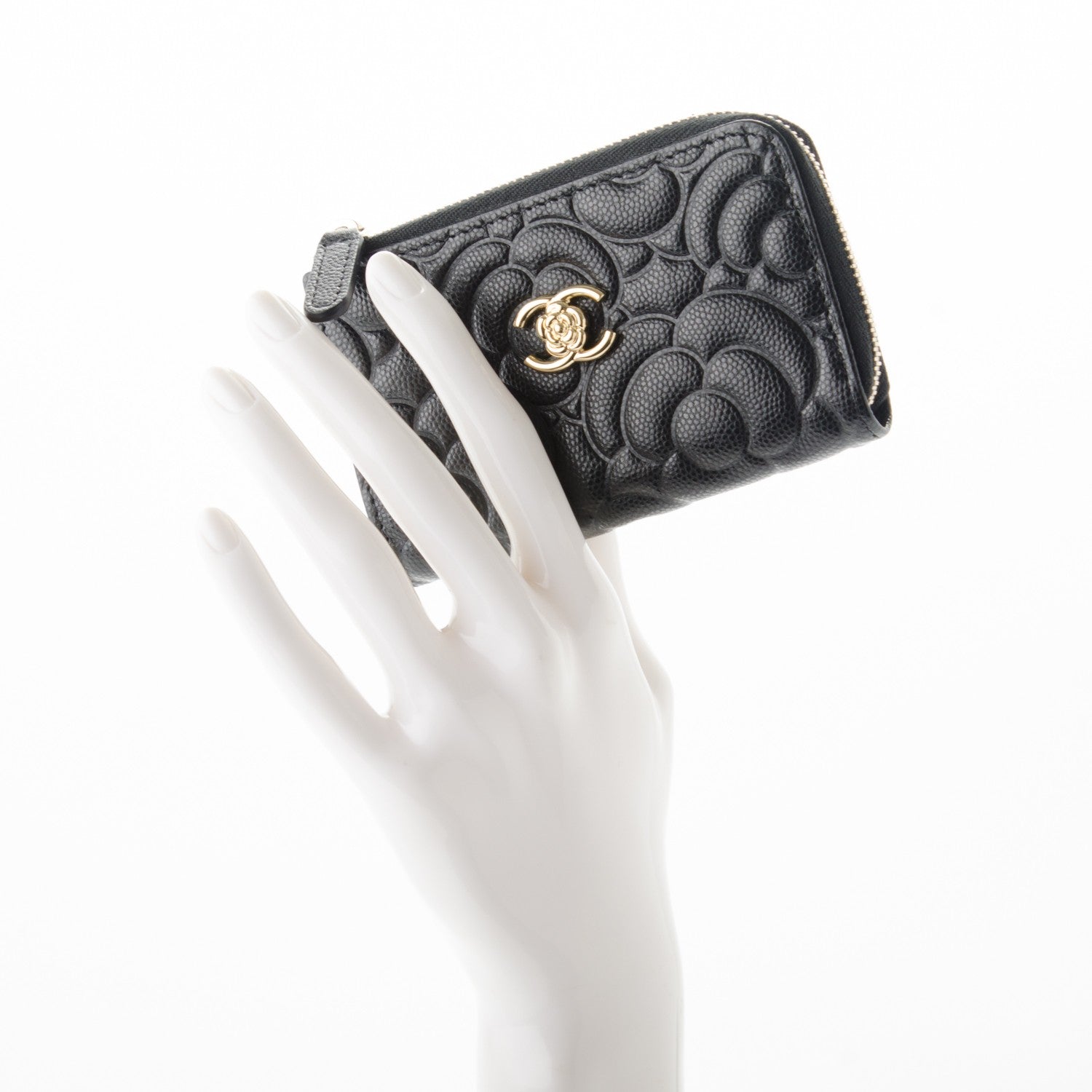 Chanel Caviar Camellia Embossed Key Holder Case Black 2 of 7