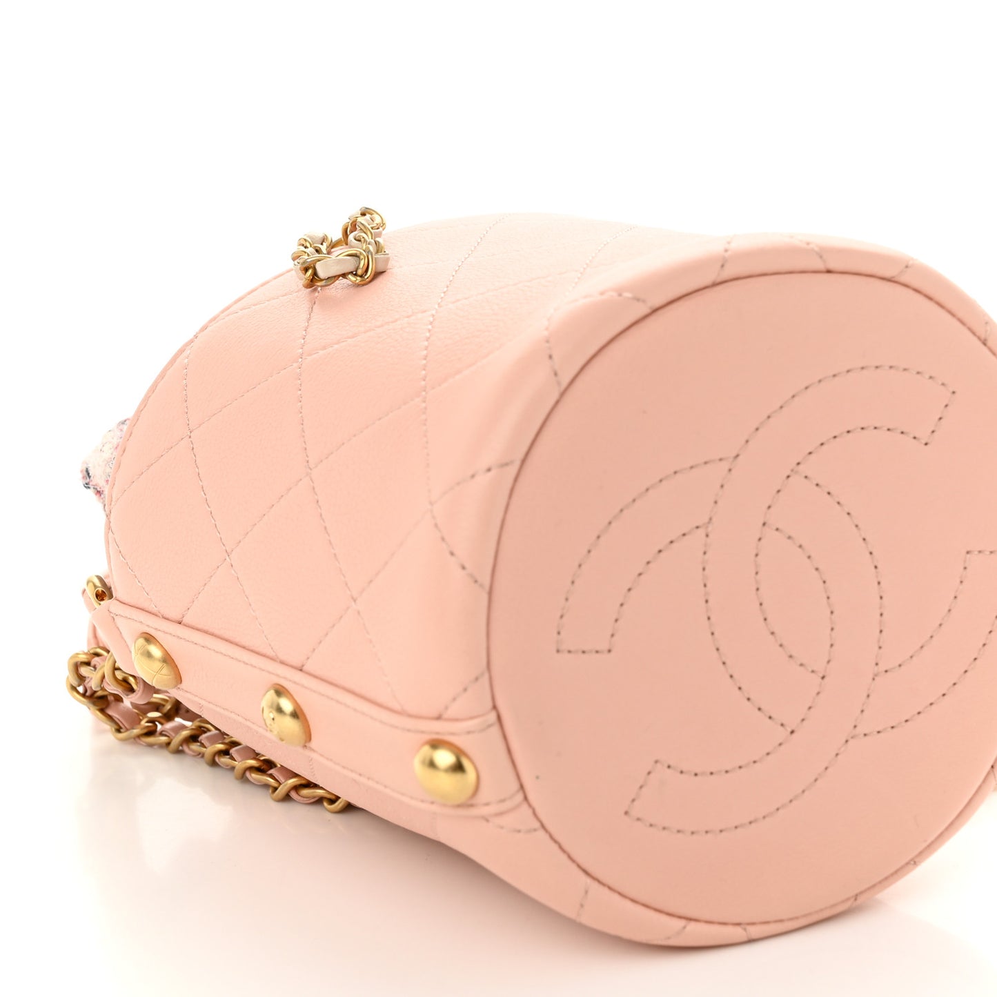 Calfskin Tweed Small CC Chain Bucket Drawstring Bag Light Pink