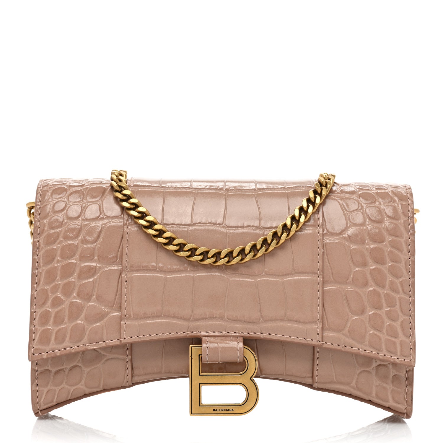 Balenciaga Shiny Calfskin Crocodile Embossed Hourglass Chain Bag Nude Beige 1 of 13