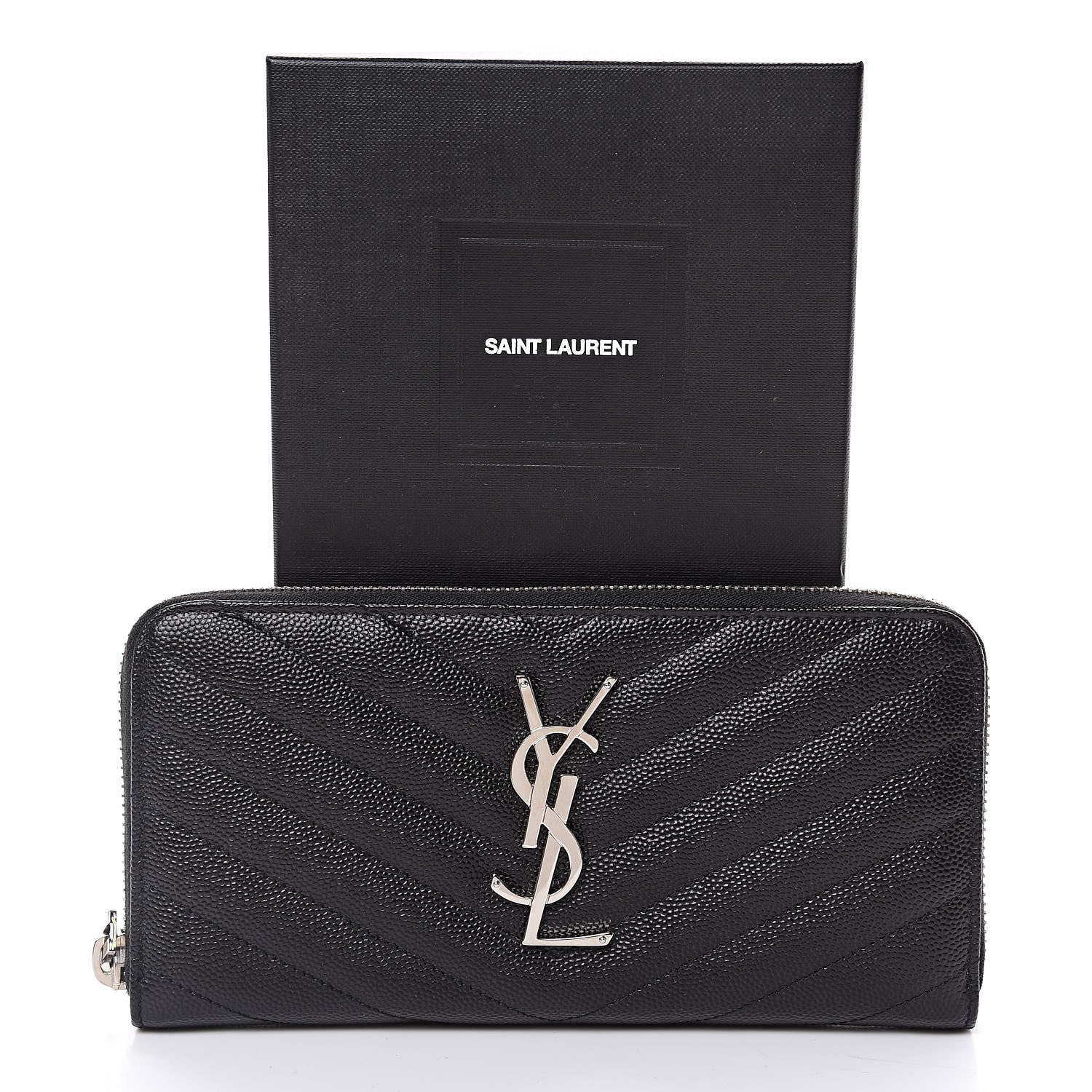 Saint Laurent Grain De Poudre Matelasse Chevron Monogram Zip Around Wallet Black 8 of 8
