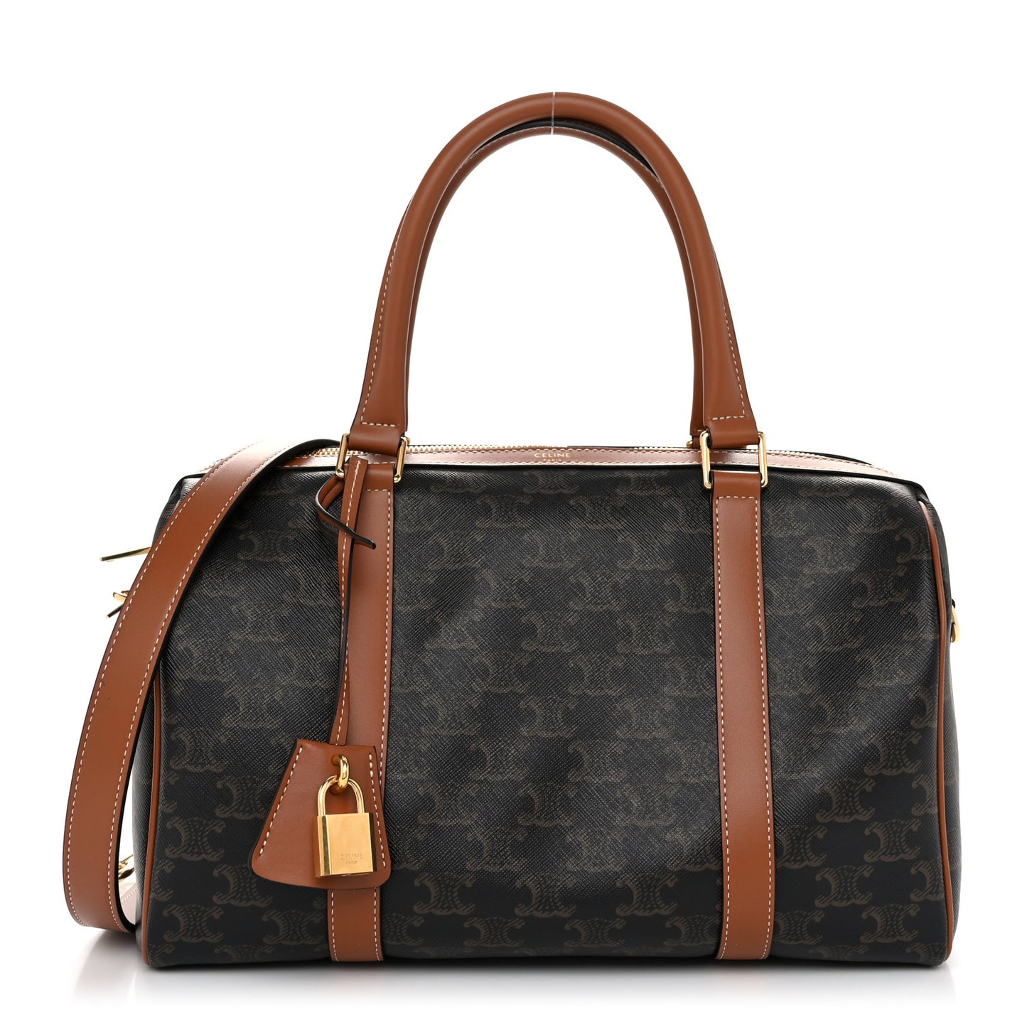 Triomphe Canvas Calfskin Boston Bag Tan