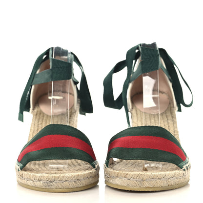 Gucci Canvas Malaga Kid Web Ankle Wrap Espadrille Wedge Sandals 37.5 Green Red Mystic White Emerald 3 of 10