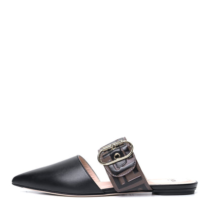 Fendi Vitello FF Embossed Buckle Flat Mules 36 Maya Black 1 of 4