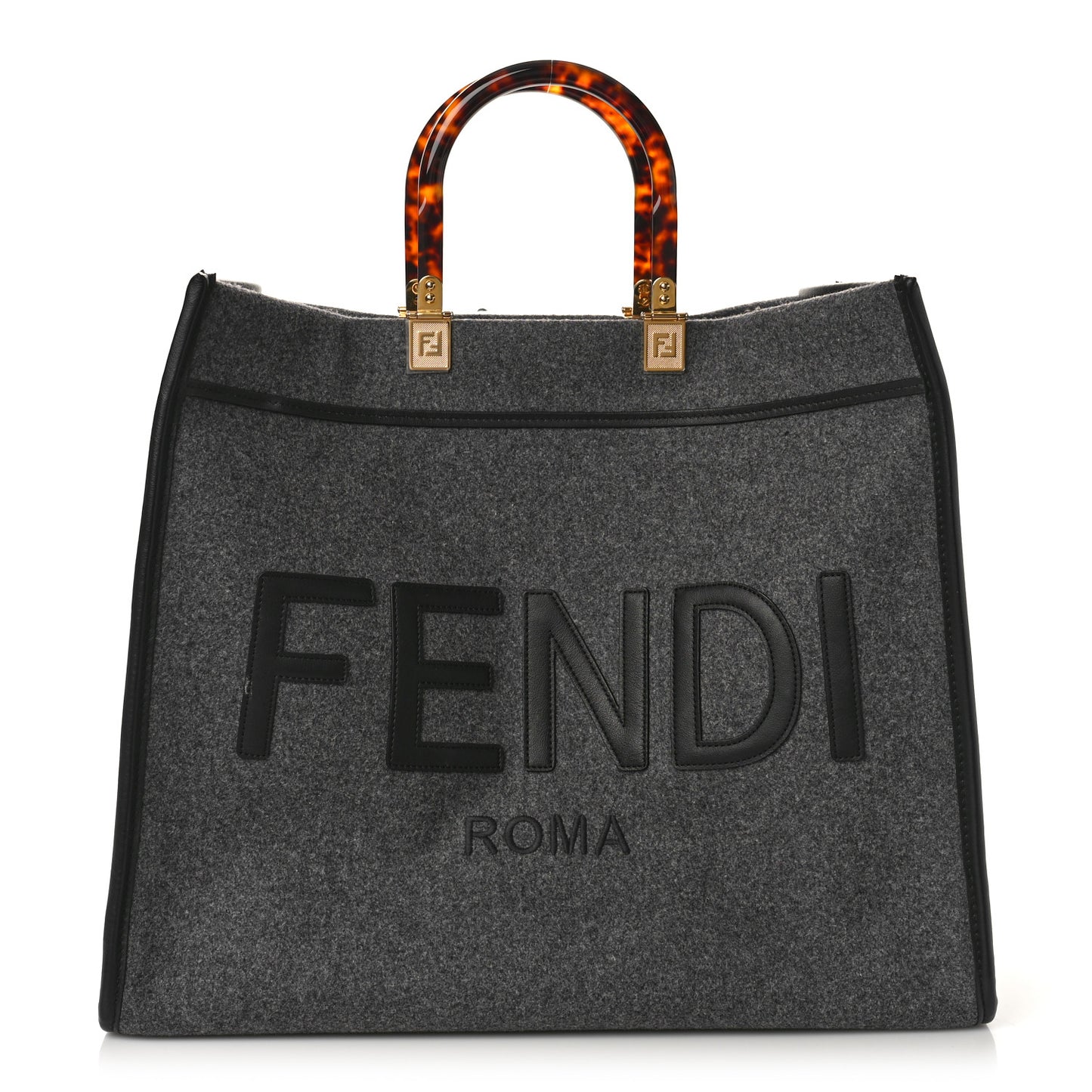 Melange Flannel Plexiglass Satin Logo Embroidered Threaded Edge Large Fendi Sunshine Shopper Tote Grigio Black