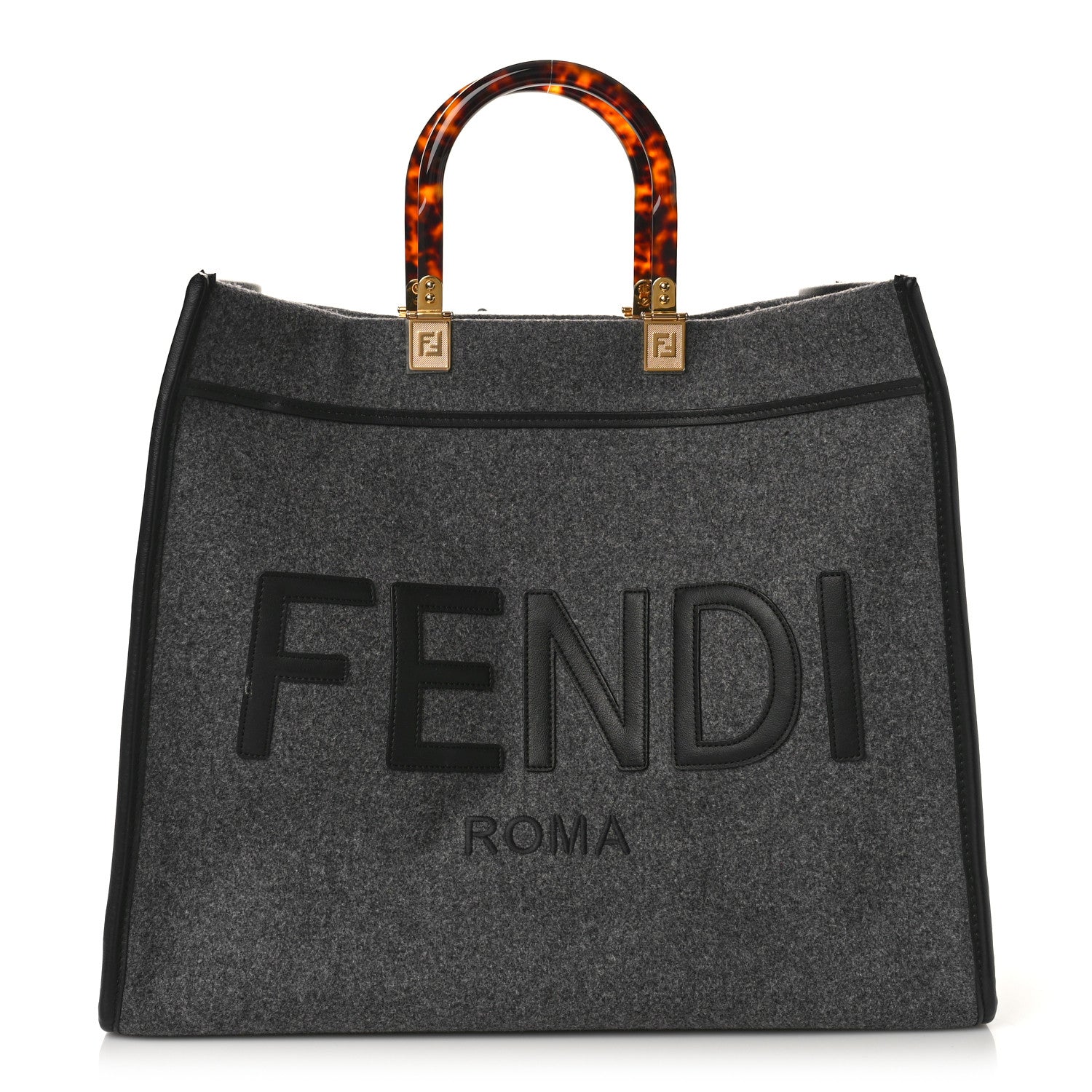 Fendi Melange Flannel Plexiglass Satin Logo Embroidered Threaded Edge Large Fendi Sunshine Shopper Tote Grigio Black 1 of 9