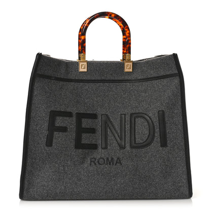 Fendi Melange Flannel Plexiglass Satin Logo Embroidered Threaded Edge Large Fendi Sunshine Shopper Tote Grigio Black 1 of 9