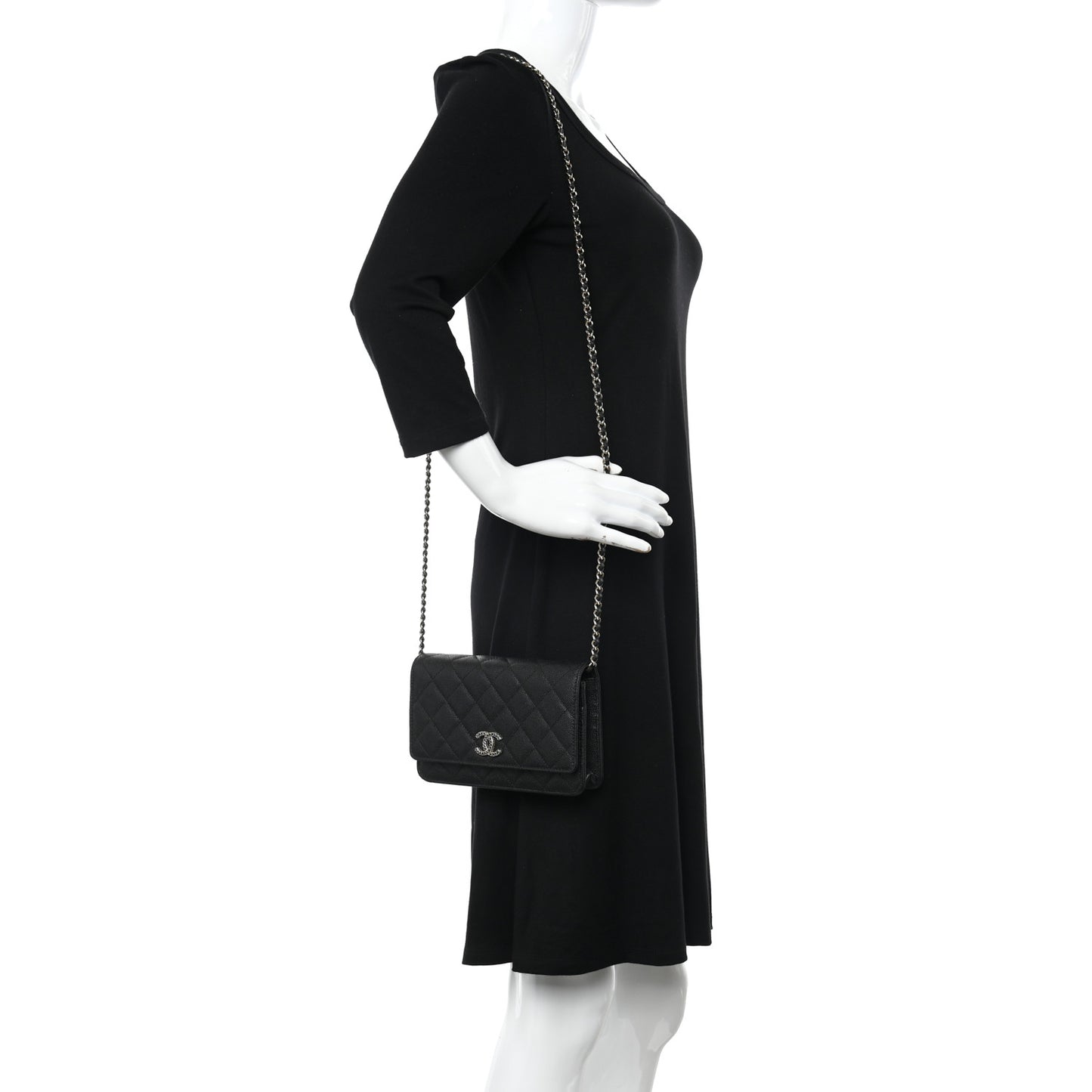 Caviar Quilted Crystal CC Wallet On Chain WOC Black