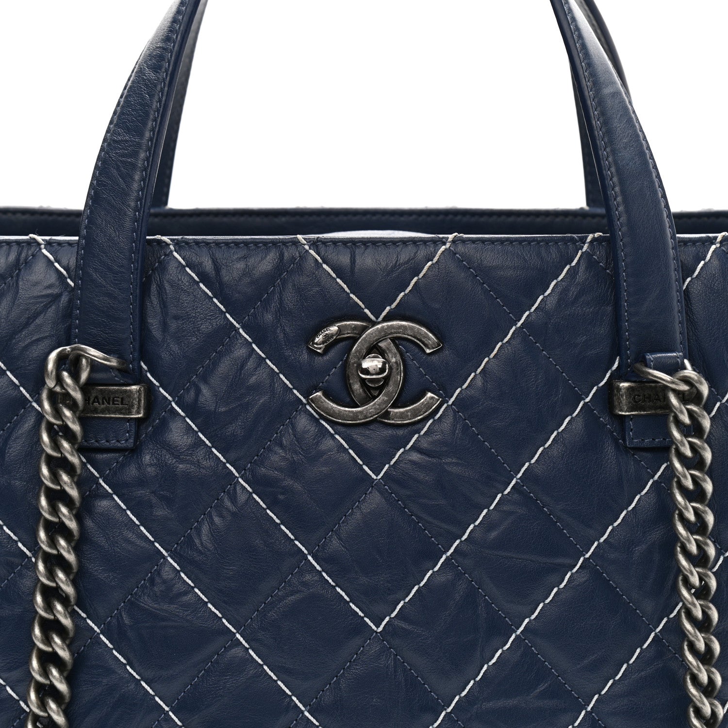 Chanel Calfskin Chevron Stitched Shopping Tote Navy 8 of 17